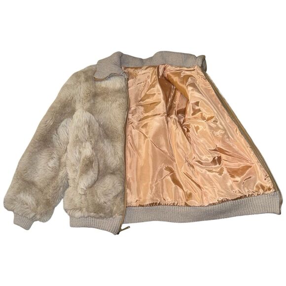 Vintage 70s Rabbit Fur Bomber Jacket Plush Satin Lined Neutral Women’s M Men’s S - Picture 3 of 6